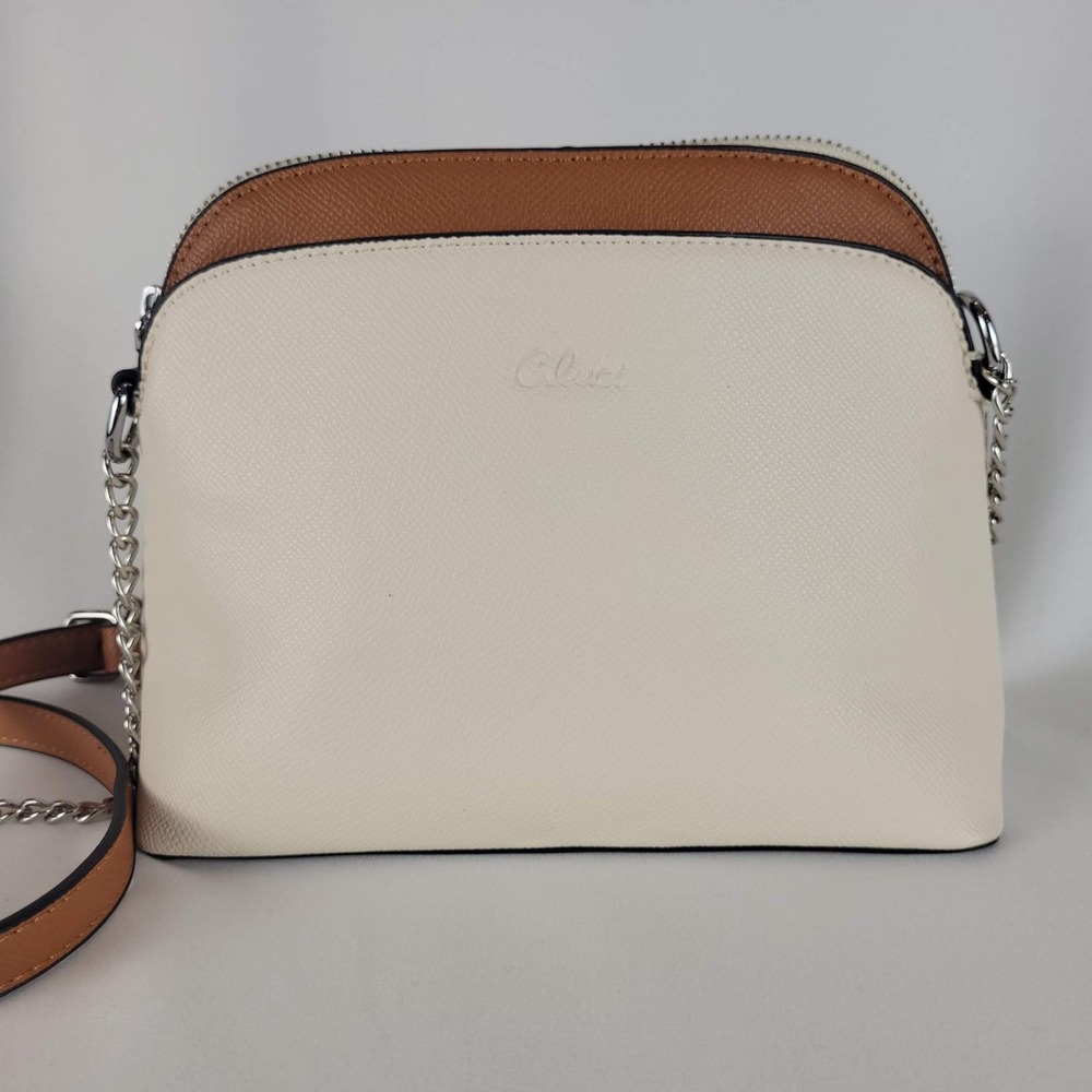 Cluci Cream & Tan Saffiano Faux Leather Dome Crossbody Bag Silver Chain Strap